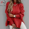 Höst Vinter Kvinnor Stickad Sweater Mock Neck Casual Loose Basic Pullovers Varm Elegant Solid Batwing Sleeve Side Split Tops 210824