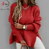 Herbst Winter Frauen Gestrickte Pullover Mock Neck Casual Lose Grundlegende Pullover Warme Elegante Solide Batwing Sleeve Side Split Tops 210824