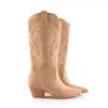 Perixir Western Cowboy Boots for女性のための尖ったつま先の女性の靴ブランドエンボススエード革の靴ミッドカーフチャンキーウェッジブーツY0910