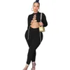 Women Designer Jumpsuits Solid Round Neck Long Sleeve Bodysuit Sexy Chain Cross Cut Hollow Out Tight One-piece Pants Clubwear