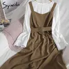 SYIWIDII 패션 2 피스 블라우스와 카메인 드레스 여성 퍼프 슬리브 O 넥 화이트 셔츠 새시 A 라인 녹색 드레스 여름 210417