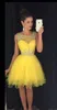 Sparkly Rhinestones Beaded Homecoming Party Dresses Sheer Neck Yellow Tulles Knee Length Cocktail Graduation Gowns Formal Prom Girls Nightclub Wear AL9396