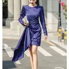 Fashion Women Spring O-neck Long Sleeve Blue Dot Printted Hight Waist Bowknot Irregular Casual Office Mini Dress 210514