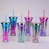 350ml AS Double-layer Plastic Tumbler Gradient Color Mermaid Tail Electroplated Sequined Water Cups with Straws sea way RRD12515