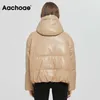 Aachoee Women Grosso Quente Pu Faux Couro Acolchoado Casaco Inverno Zíper Com Capuz Jaqueta De Parka Manga Longa Bolsos Outerwear Tops 211007