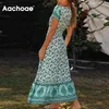 Богемский напечатанный длинное летнее платье женщин v шеи линии кнопки повседневные платья дамы с коротким рукавом пляжный сарафан 210413