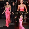 Abiti da cerimonia da ballo senza spalline fucsia 2022 Gonna con volant Bella Hadid a tutta lunghezza Abiti da celebrità sul tappeto rosso Abiti da sera