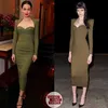 High Quality Women's Army Green Sexy Tight V-neck Long Sleeve Shoulder Rayon Bandage Celebrity Party Dress 210527