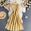 Women Summer Fashion Square Neck Short Sleeve Contrast Stitching Slim A-line Casual Dress Harajuku Korean Vestidos S412 210527