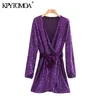 Sexy Deep V Neck Sequin Wrap Mini Dress Women Fashion Long Sleeve Bow Tie Velvet Sashes Party Dresses Chic Vestidos 210420