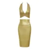 Vestido damer sexig v nacke bronzing knä längd 2 bitar halter guld bandage klänning kvinnor charmig kändis nattklubb 210527