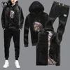 High Quality Mens Winter Velvet 3pcs Set Fashion Embroidery Vest Jacket Tracksuit Hoody Thick Warm Casual Suit Matching Sets 4XL Men's Track