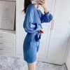 Printemps Bleu Mini Satin Robe Femmes Élégant Noeud À Manches Longues Femme Mode Taille Élastique Casual es 210519