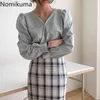 Nomikuma Blusas Mujer V-ausschnitt Langarm Shirts Einfarbig Casual Lose Seite Zipper Bluse Frauen Koreanische Mode Tops 3c708 210514