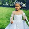 Bellissimi abiti da ragazza di fiore bianco per matrimonio maniche lunghe applique in pizzo bambina pavimento lunghezza abito da comunione linea