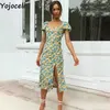 Yojoceli Vintage Drukuj Długie Split Dres Letnie Ruffles Frill Ołówek Casual Boho Beach Midi Vestidos 210609