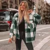 Winter Green Plaid Jacket Coat Kvinnor Streetwear Lång Leee Tjock Ull Coat Fashion Pocket Oversized Lapel Höstskjortor Coats 210422