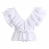 Derin V Boyun Ruffles Bluz Kadınlar Seksi Backless Beyaz Gömlek Kolsuz Tatil Plaj Pileli Üst Yaz Camisas Mujer 210508