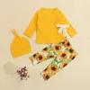 3Pcs Baby Print Clothes Suit V-Neck Long Sleeves Tied Tops Sunflower Print Pants Hat Suit for Toddlers Girls Boys 0-18 Months