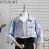 Luz azul Mulheres Jaquetas Sólida Curto Irregular Outono Streetwear Mujer Chaqueta Moda Denim Roupas 18103 210415