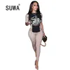 Loungewear Women Two Piece Outfits Trendy Chic Moon Printed Long Sleeve T-Shirt Top Pencil Pants K-Pop Jennie Style Cool Girl 210525