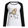 Retro bonito coruja impressão mulheres t-shirt Natal manga longa raglan tops roupas mulher o pescoço vintage camiseta femme 210401