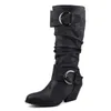 Meotina Autumn Knee High Boots Women Pleated Spike Heels Long Boots Buckle Pointed Toe Shoes Female Winter Black Plus Size 34-46 210608