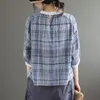 Sether Arts Style Kobiety Half Sleeve Loose T-shirt Bawełniana Pościel Plaid Vintage Tee Koszula Koronki Stojak Kołnierz Femme Topy S795 210512 \ t