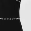 Black Patchwork Diamonds Dress For Women V Neck Sleeveless High Waist Solid Knee Length Dresses Female Summer Style 210520