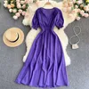 Summer Purple/Pink/Green Long Dress Women Vintage V-Neck Short Puff Sleeve High Waist Casual Vestidos Female Beach Robe 2021 New Y0603