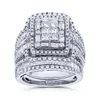 Trouwringen Charm Vrouwelijke Witte Kristal Stenen Ring Set Luxe Grote Zilveren Kleur Voor Vrouwen Vintage Bruids Vierkante Engagement