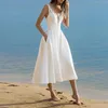 Summer Sexy Senza maniche con scollo a V Dress Beach Abiti Elegante Bianco Pizzo Spaghetti Strap Midi Dress Delle Donne Partito Vestidos Casual