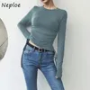 O szyi sweter z długim rękawem T shirt Kobiety Slim Fit Spring Solid All Match Tees Closstring Lace Up Lady Top 210422