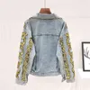 Vårkedja Broderi Denim Jacka Kvinna Långärmad Thailand Fashion Golden Sequins Coat Boyfriend 210603