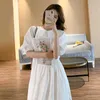 Summer Korean Style Fashion Solid Round Neck Loose Casual Puff Sleeve Long Dress 210531