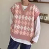 Ladies Cardigans Long Sleeve Knitted Argyle Sweater Women Korean Pink Vest Sweaters Female Jumpers Cardigan Jacket with Buttons 211109