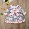 1-6Y Toddler Baby Kid Girls Flower Dress Pizzo floreale Big Bow Tutu Party Dress For Girls Vintage Bambini Costumi manica lunga Q0716