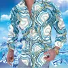 Yaka Dijital Baskı Çiçek Rahat Ince Uzun Kollu Gömlek Beyaz Mavi Deniz Dalga Desen Baskı Bluz Man Giyim Hırka Bluzlar