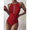 Baddräkt sexig mesh patchwork swimwear kvinnlig solid bodysuit baddräkt sommar strand bär simning monokini 210521