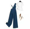 Sommarkontor Tvådelar Outfits Kvinnor Elegant Mode Kortärmad Vit T-shirt Top + Wide Ben Overaller Byxor Suit Matching Set 210601