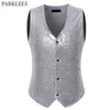 Mens Paillette Lantejoula Glitter Glitter Vest Slim Fit V Neck Masculino Macho Brilhante Sliver Coletes Noivo de Casamento DJ Bar Estágio Cantor Cantor 2XL 210522