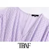 TRAF Women Chic Fashion Polka Dot Texture Midi Dress Vintage Crossover Scollo a V Manica corta Abiti femminili Abiti 210415
