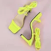 Fresh Green Orange Lace Up Sexiga Sandaler För Kvinnor Sommar Högklackat Skor Square Toe High Heel Dress Sandal Stor storlek 43 210715