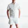 Leqemao半袖ロンパース夏の男性の固体ズボン男性カジュアルシングルブレストジャンプスーツ貨物X0322