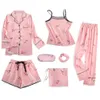 Jastie 7 Sztuk Set Satin Silk Piżamy dla Kobiet Piecewear Piękny Odzież w domu Długa i krótka Piżama Karusty Piżama Pizama Damska 210419 \ t