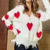 Swetry Kobiety Zboże Zimowe Zworki Dzianiny Moda Kobiety Biały Burr Pullover Knit Sexy V-Neck Love Druku Sweter Kobieta 210508