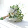 Dekorativa blommor kransar bröllop bukett rekvisita vintage konstgjord rosbrud med romantiskt spetsband