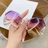 Polygon Diamond Frameless Glasses Women Goggles Oversized Big Size Eyeglasses Alloy Frame Rhinestone Gradient Sunglasses UV400