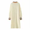 Frauen Winter Lange Pullover und Pullover Turndown Kragen Regenbogen Hülse Gestrickte Kleider Side Split Knie Stricken Vestido 210430