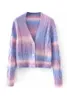 New design women's autumn fashion v-neck long sleeve rainbow gradient color tie-dying knitted short sweater coat